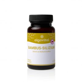 Algavital Bambus Silizium, 75 Kapseln à 433mg, dunkle Dose mit ockerfarbenen Aufdruck auf weißen Hintergrund