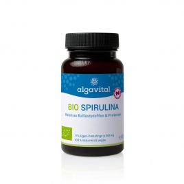 Algavital Bio Spirulina, 500 Presslinge à 350mg, dunkle Dose mit wasserblauem Aufdruck auf weißen Hintergrund