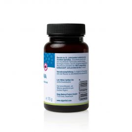 Algavital Bio Spirulina, 500 Presslinge à 350mg, dunkle Dose mit wasserblauem Aufdruck auf weißen Hintergrund