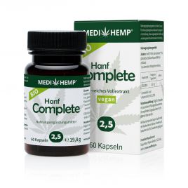 Medihemp Bio Hemp Complete Capsules 2.5%, 60 pieces in green bottle in front. Behind it can be found the box of pills with white background
