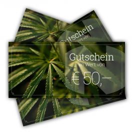 Hanfblätter aufgedruckt auf Papier, Titel: Gutschein im Wert von EUR 50,-