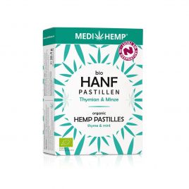 MEDIHEMP Bio Hanfpastillen, 24 Stück, weiße Verpackung mit türkisen Hanfblättern auf weißen Hintergrund