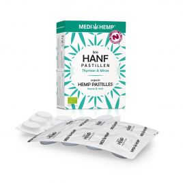MEDIHEMP Bio Hanfpastillen, 24 Stück, weiße Verpackung mit türkisen Hanfblättern auf weißen Hintergrund