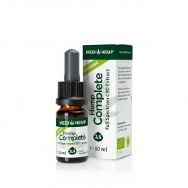 MEDIHEMP Chanvre bio complet 2,5%, 30ml, bouteille marron foncé à côté d'un suremballage blanc/vert sur fond blanc