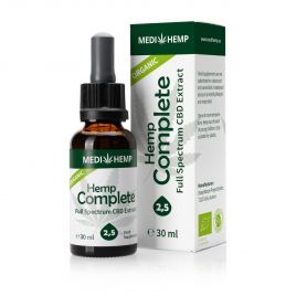 MEDIHEMP Chanvre bio complet 2,5%, 30ml, bouteille marron foncé à côté d'un suremballage blanc/vert sur fond blanc