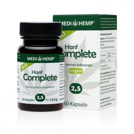 Medihemp Bio Hemp Complete Capsules 2.5%, 60 pieces in green bottle in front. Behind it can be found the box of food supplement with white background
