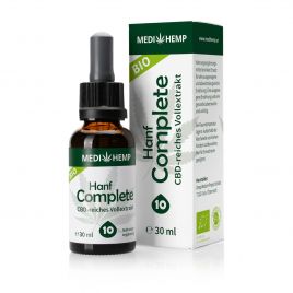 MEDIHEMP Bio Hanf Complete 10%, 30ml, braune Flasche neben weiß/grüner Überverpackung auf weißen Hintergrund