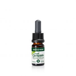 MEDIHEMP Bio Hanf Complete 18%, 10ml, braune Flasche neben weiß/grüner Überverpackung auf weißen Hintergrund