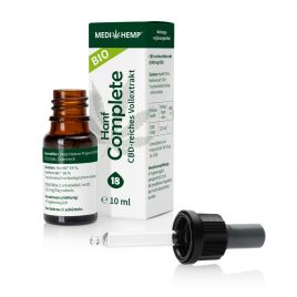 MEDIHEMP Bio Hanf Complete 18%, 10ml, braune Flasche neben weiß/grüner Überverpackung auf weißen Hintergrund