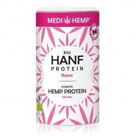 MEDIHEMP Organic Hemp Protein Berries, 180g, white packaging with magenta hemp leaves on white background
