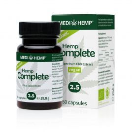 Medihemp Bio Hemp Complete Capsules 2.5%, 60 pieces in green bottle in front. Behind it can be found the box of food supplement with white background
