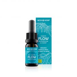 MEDIHEMP Flow Auricularia Extract & Hemp, 10ml, brown bottle with aqua blue label next to aqua blue box