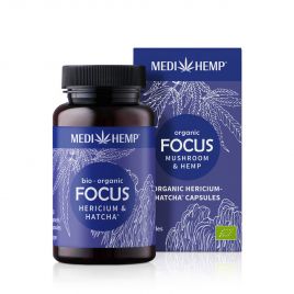 MEDIHEMP Focus Hericium-Hatcha capsules, 120 pcs., brown tin with dark blue label next to dark blue box