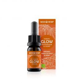 MEDIHEMP Glow Chaga Extract & Hemp, 10ml, brown bottle with orange label next to orange box