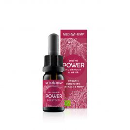 MEDIHEMP Power Cordyceps militaris extract & hemp, 10ml brown bottle with raspberry coloured label next to raspberry box