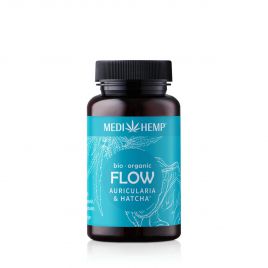 MEDIHEMP Flow Auricularia Hatcha gélules, 120 pièces, boîte marron avec étiquette bleu aqua à côté de la boîte bleu aqua