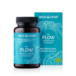 MEDIHEMP Flow Auricularia Hatcha gélules, 120 pièces, boîte marron avec étiquette bleu aqua à côté de la boîte bleu aqua