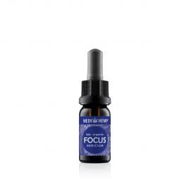 MEDIHEMP Focus Hericium Extract & Hemp, 10ml, flacon brun avec étiquette bleu foncé à côté de la boîte bleu foncé