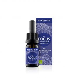 MEDIHEMP Focus Hericium Extract & Hemp, 10ml, flacon brun avec étiquette bleu foncé à côté de la boîte bleu foncé