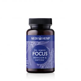 MEDIHEMP Focus Hericium-Hatcha capsules, 120 pièces, boîte marron avec étiquette bleu foncé à côté de la boîte bleu foncé