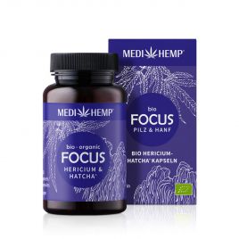 MEDIHEMP Focus Hericium-Hatcha Kapseln, 120 Stk., braune Dose mit dunkelblauen Etikett