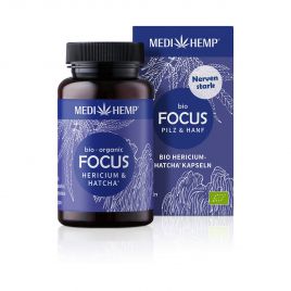 MEDIHEMP Focus Hericium-Hatcha Kapseln, 120 Stk., braune Dose mit dunkelblauen Etikett