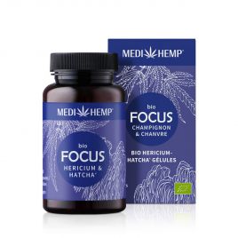 MEDIHEMP Focus Hericium-Hatcha capsules, 120 pièces, boîte marron avec étiquette bleu foncé à côté de la boîte bleu foncé