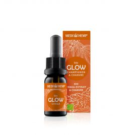 MEDIHEMP Glow Extrait de Chaga et chanvre, 10ml, flacon brun avec étiquette orange à côté de la boîte orange