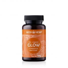 MEDIHEMP Glow Chaga-Hatcha capsules, 120 pcs, boîte marron avec étiquette orange à côté de la boîte orange