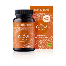 MEDIHEMP Glow Chaga-Hatcha Kapseln, 120 Stk., braune Dose mit orangen Etikett