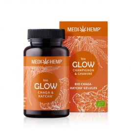 MEDIHEMP Glow Chaga-Hatcha capsules, 120 pcs, boîte marron avec étiquette orange à côté de la boîte orange