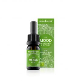 MEDIHEMP Extrait de Reishi d'humeur et chanvre, 10ml, flacon marron avec étiquette vert gazon à côté de la boîte vert gazon