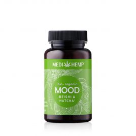 MEDIHEMP Mood Reishi-Hatcha capsules, 120 pcs., brown tin with grass-green label next to grass-green box