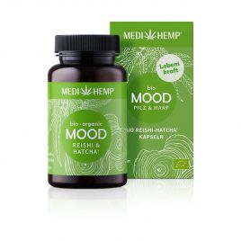 MEDIHEMP Mood Reishi-Hatcha Kapseln, 120 Stk., braune Dose mit grassgrünem Etikett