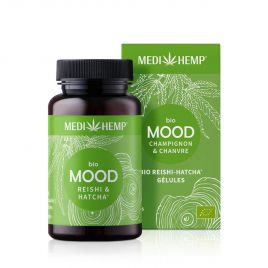 MEDIHEMP Gélules Mood Reishi-Hatcha, 120 pièces, boîte marron avec étiquette vert gazon à côté de la boîte vert gazon