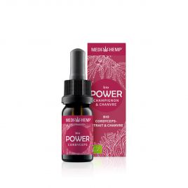 MEDIHEMP Power Cordyceps militaris extract & hemp, 10ml flacon brun avec étiquette couleur framboise à côté de la boîte framboise