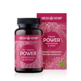 MEDIHEMP Power Cordyceps-militaris-Hatcha capsules, 120 pcs, brown tin with raspberry-coloured label next to raspberry box