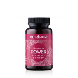 MEDIHEMP Power Cordyceps-militaris-Hatcha capsules, 120 pcs, boîte marron avec étiquette couleur framboise à côté de la boîte framboise