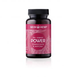 MEDIHEMP Power Cordyceps-militaris-Hatcha Kapseln, 120 Stk, braune Dose mit himbeerfarbenen Etikett