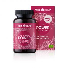 MEDIHEMP Power Cordyceps-militaris-Hatcha Kapseln, 120 Stk, braune Dose mit himbeerfarbenen Etikett