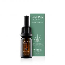 SATIVA BEAUTY NURTURE Facial Oil, 10ml, braune Flasche mit weißen Motiv auf dunklen Hintergrund