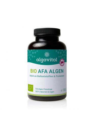 Algavital Bio Afa Algen, 720 Presslinge à 250mg, dunkle Dose mit meerfarbenen Aufdruck auf weißen Hintergrund