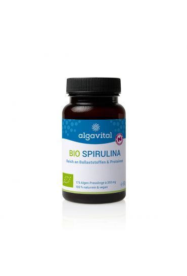 Algavital Bio Spirulina, 500 Presslinge à 350mg, dunkle Dose mit wasserblauem Aufdruck auf weißen Hintergrund