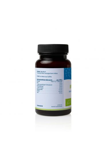 Algavital Bio Spirulina, 500 Presslinge à 350mg, dunkle Dose mit wasserblauem Aufdruck auf weißen Hintergrund