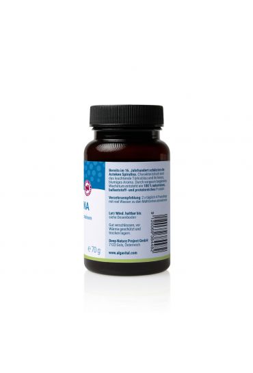 Algavital Bio Spirulina, 500 Presslinge à 350mg, dunkle Dose mit wasserblauem Aufdruck auf weißen Hintergrund