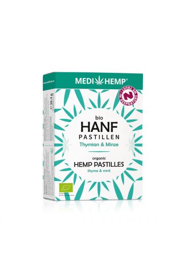 MEDIHEMP Bio Hanfpastillen, 24 Stück, weiße Verpackung mit türkisen Hanfblättern auf weißen Hintergrund