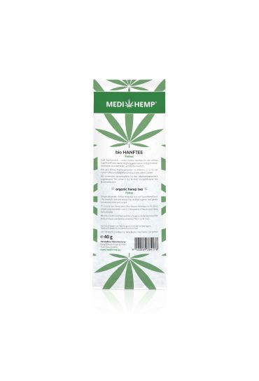 MEDIHEMP Bio Hanftee Felina, 40g, weiße Verpackung mit grünen Hanfblättern auf weißen Hintergrund