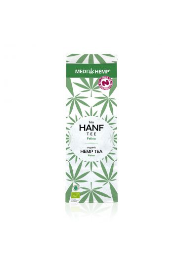 MEDIHEMP Bio Hanftee Felina, 40g, weiße Verpackung mit grünen Hanfblättern auf weißen Hintergrund