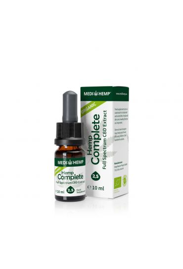 MEDIHEMP Chanvre bio complet 2,5%, 30ml, bouteille marron foncé à côté d'un suremballage blanc/vert sur fond blanc