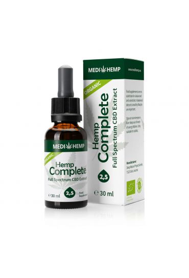 MEDIHEMP Chanvre bio complet 2,5%, 30ml, bouteille marron foncé à côté d'un suremballage blanc/vert sur fond blanc